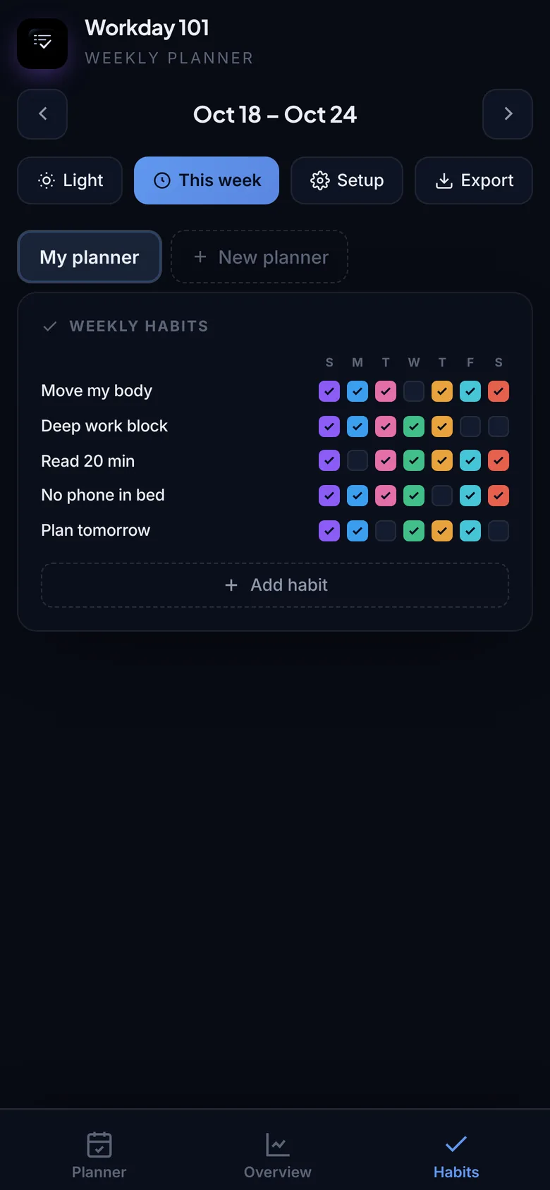 Workday 101 on a phone: the habit grid.